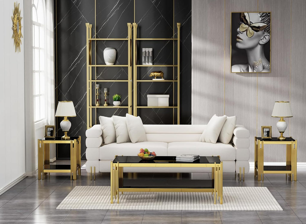 Modern Glass Coffee Table Set of 3, Luxury 2-Tier Black Glass Coffee Table and 2 End Table Set w/Gold Stainless Steel Frame, 3 Piece Living Room Table Set for Apartment Office