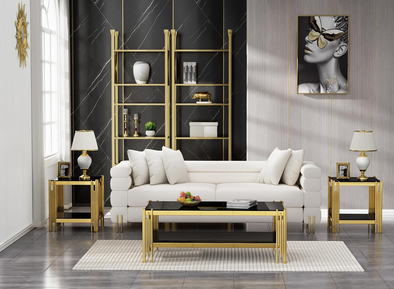 SSLine 3-Piece Living Room Table Set, Modern Black Glass Coffee Table with 2 End Table, Luxury Rectangle 2-Tier Storage Coffee Table Set with Gold Stainless Steel Frame for Living Room