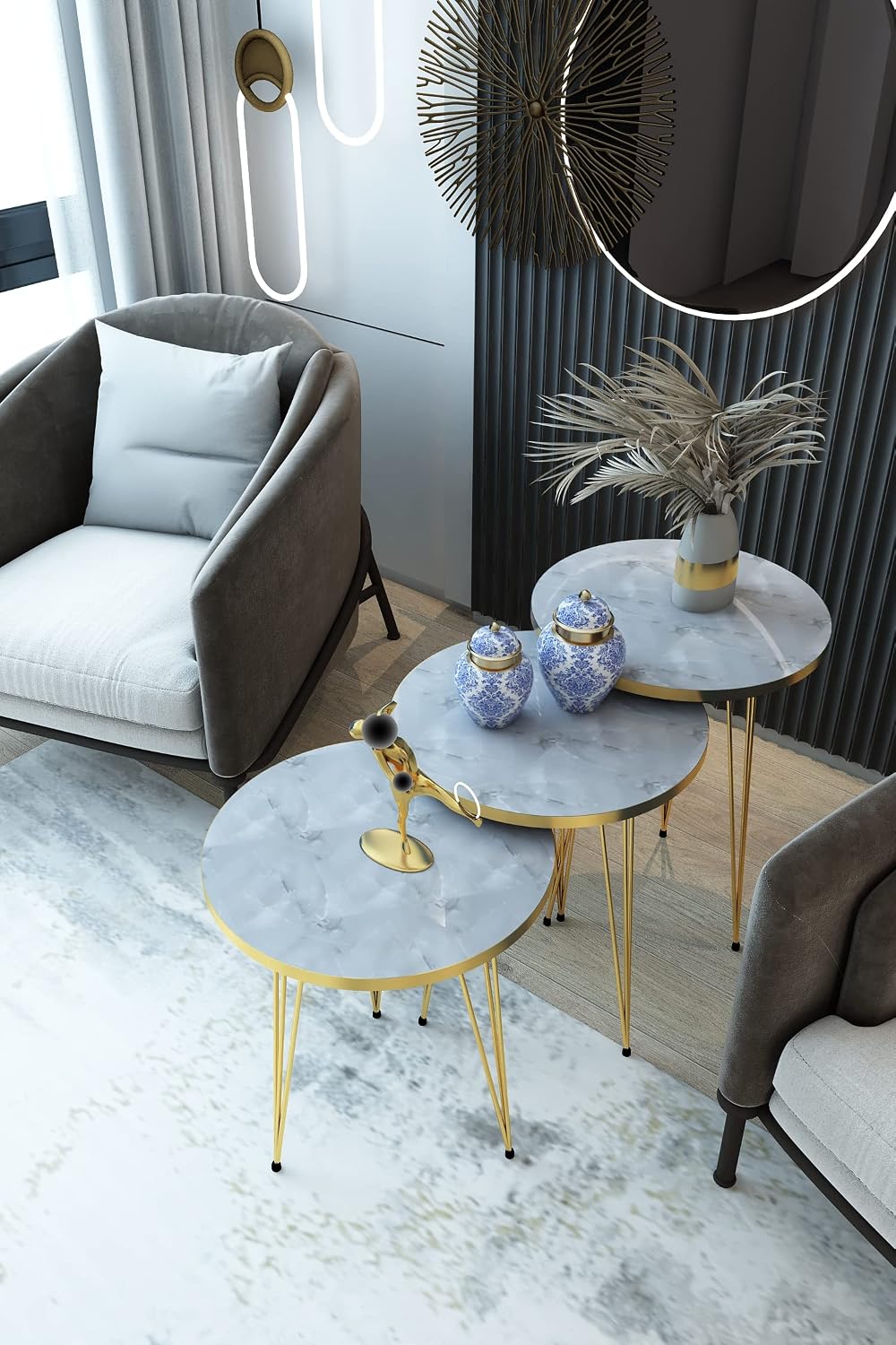 Set of 3 High Gloss White Marble Gold Legs Nesting End Tables Round Wood Stacking Coffee Side Accent Table with Metal Legs for Living Room, Home Office, Nightstands for Bedroom