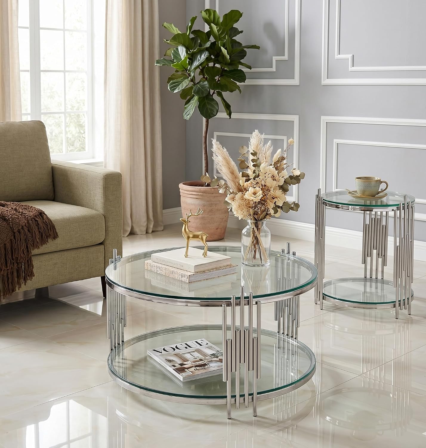 Round Coffee Table Set of 2 Modern Circle Glass Coffee and End Table Sets with Stainless Steel Frame 2 Pieces Living Room Center Table Sofa Side Table for Home Office