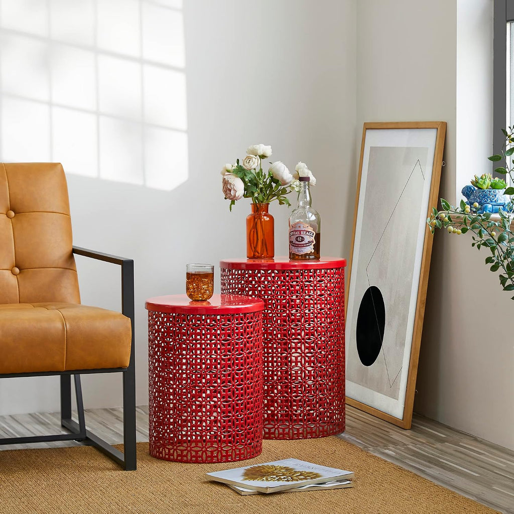 Glitzhome Accent Tables Living Room Set of 2, Round Metal Side End Table, Small Circle Coffee Bedside Table, Planter Stand for Couch Nightstand Bedroom Patio Backyard, Glossy Red