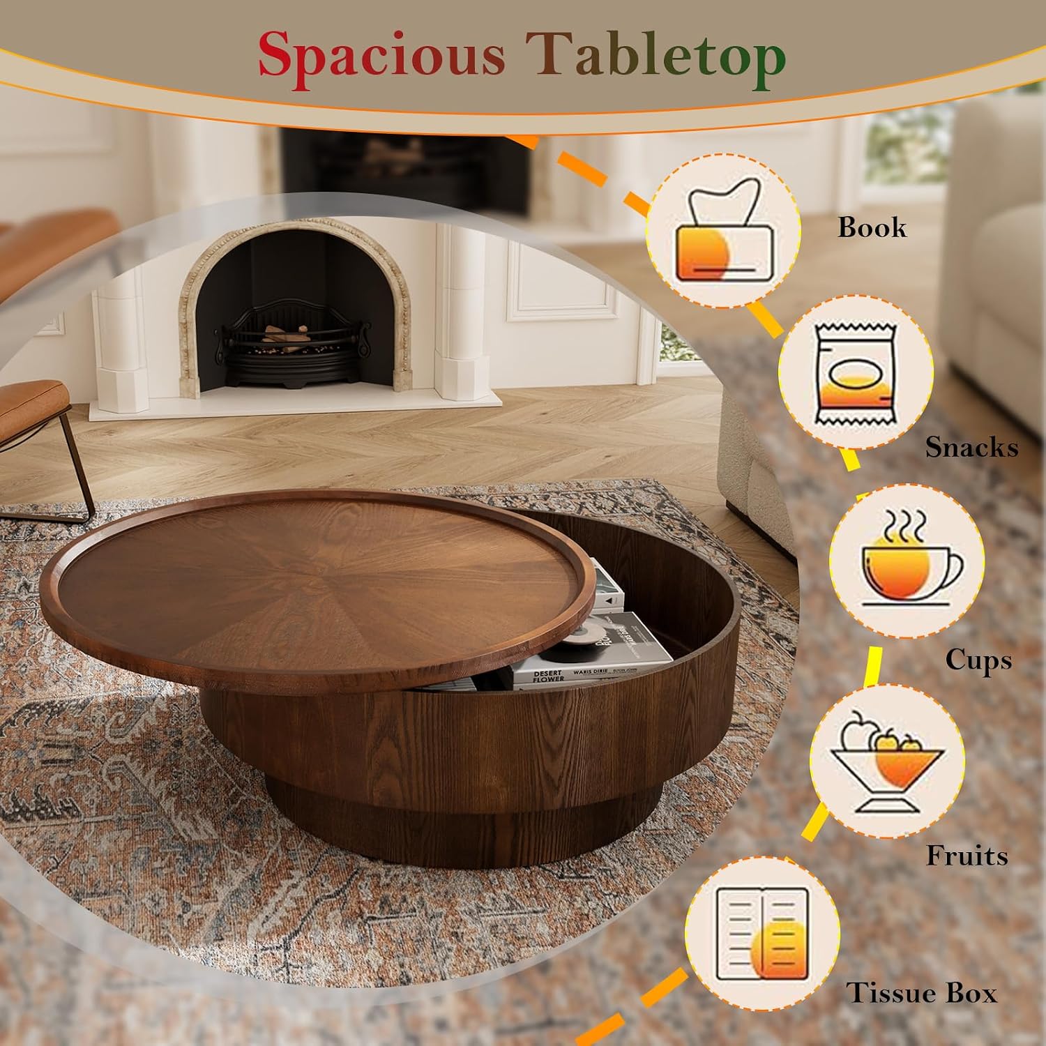 Round Coffee Table with Storage 30.7' Modern Stylish Circle Accent Table - Ample Tabletop & Covert Storage Space for Living Room Balcony Study (Brown-Storage Space)