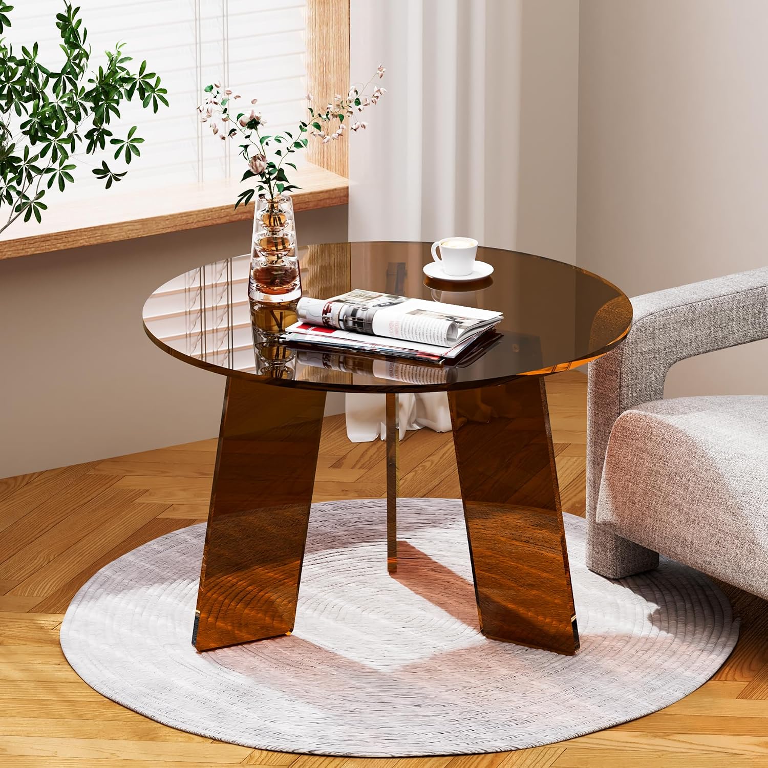 Acrylic Coffee Table Round, Clear Circle Modern Lucite Side Table Legs for Living Room, Bedroom, Office (Dark Brown, 23.6' × 15.7')
