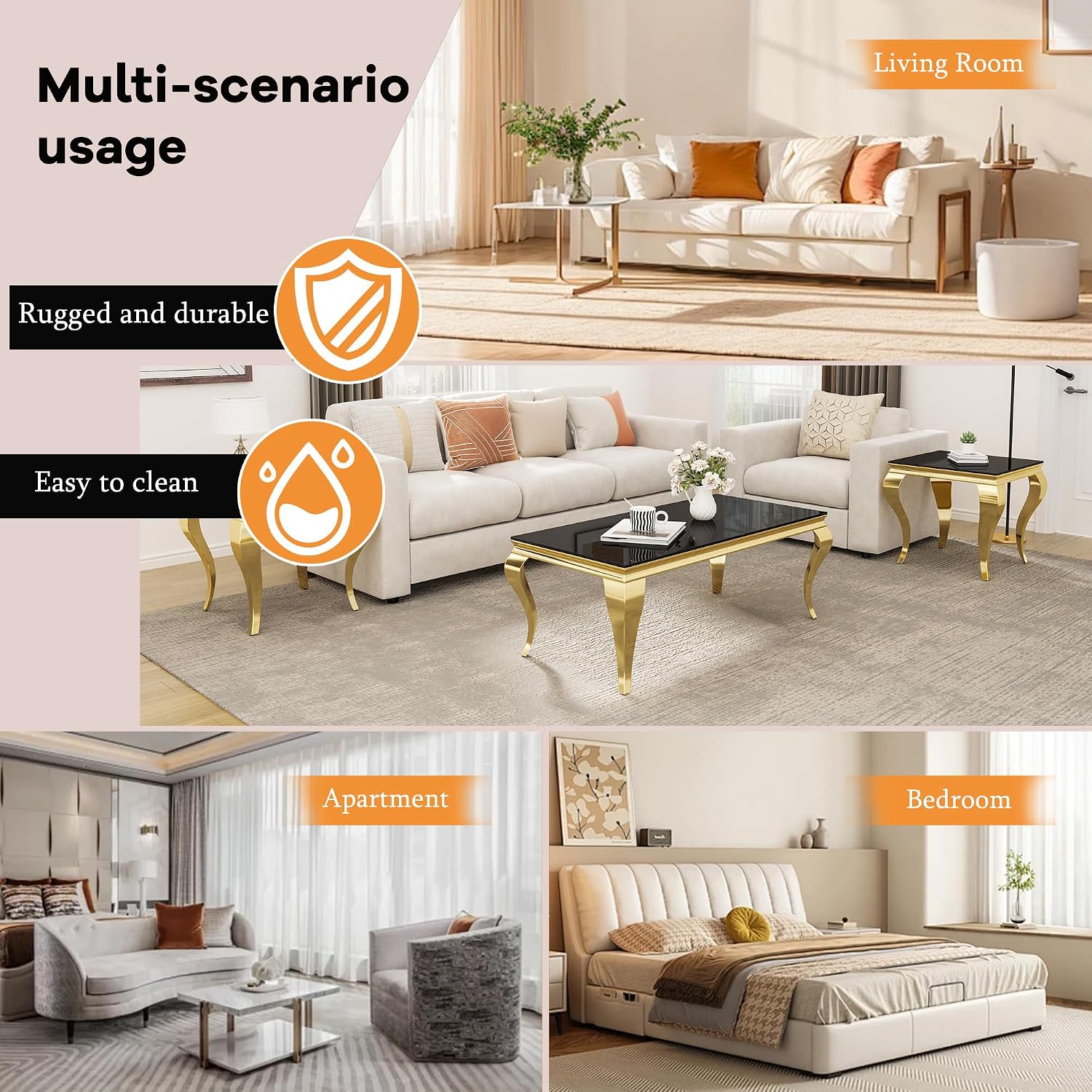 Glass Coffee Table Set of 3, Modern 3 Piece Living Room Set Include 1 Coffee Table and 2 End Tables, with Black Tempered Glass Top and Gold Stainless Steel Legs for Apartment