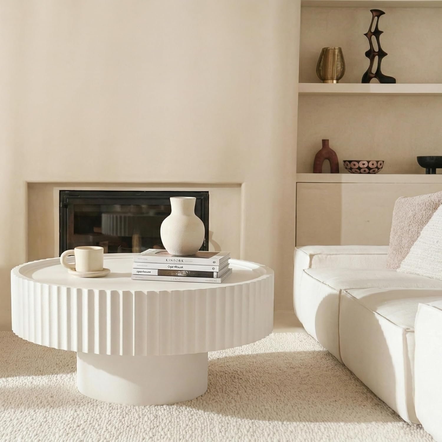 Round Coffee Table, Modern Living Room Table, Wood Center Table with Fluted Drum, Circle Coffee Tables with Fine Grain Textured Tabletop, Farmhouse Tea Tables for Living Room,30.3×13.7in
