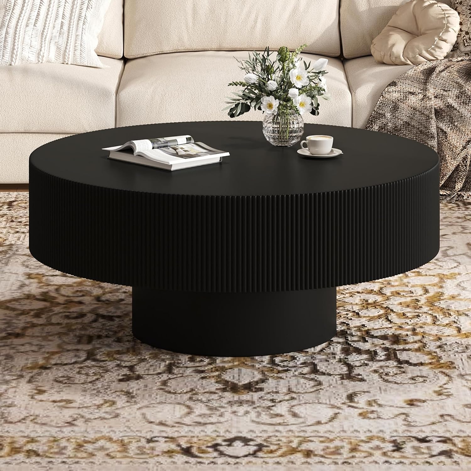 35.4' Wide Round Coffee Table with 6.8' Thick Tabletop, Easy Assembly, Modern Minimalist Wooden Fluted Center Table Black Drum End Table with Sturdy Base for Living Room or Bedroom