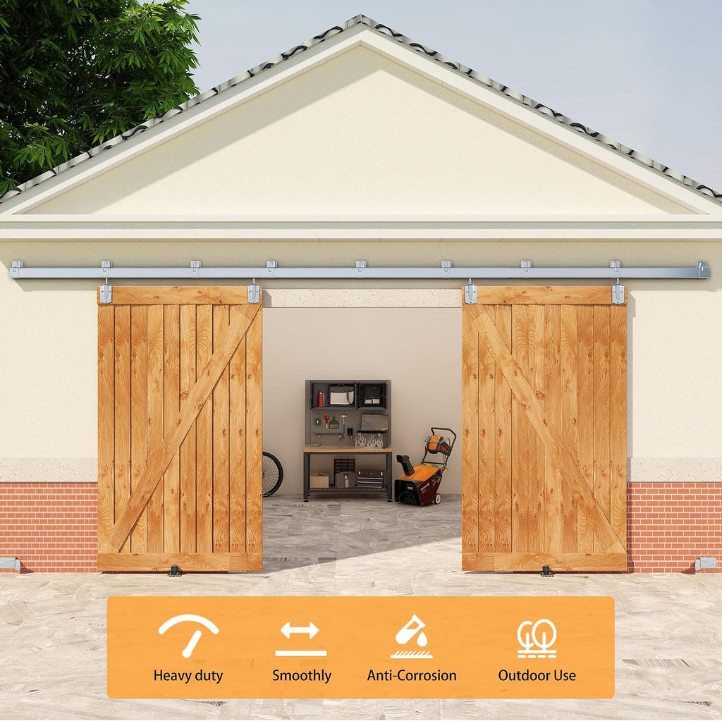 14FT Box Rail Exterior Barn Door Hardware Kit for 2 Doors, Sliding Heavy Duty Barn Door Track, Wall Mount Barn Door Hardware with 9 Track Brackets,Silver(Doors NOT Include)