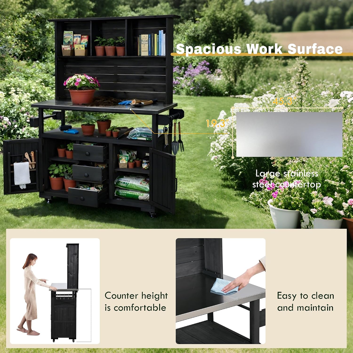 Merax 65''H Large Garden Storage Potting Bench with Lockable Wheels, Wood Outdoor Kitchen Island with Stainless Steel top, Drawers, Door Shelves and Hutch for Grilling, Black