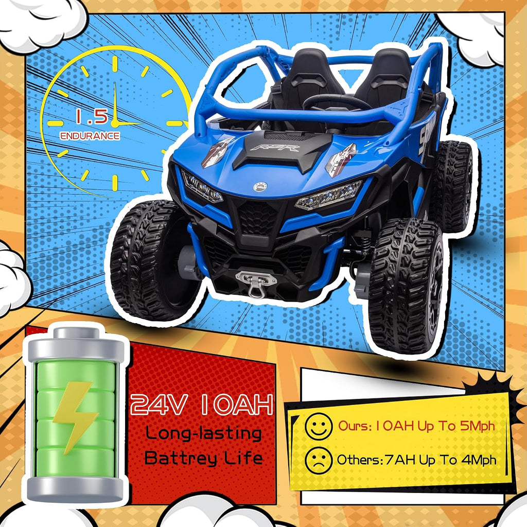 wanan XL 24V 10AH Ride on Toys for Big Kids Real 2-Seater, 4x4 4WD Motor Ride on Car Kid UTV for Kids 3-8, Remote Control, Bluetooth Music, 4 Spring Suspension, 22' Spacious Seats (Blue)