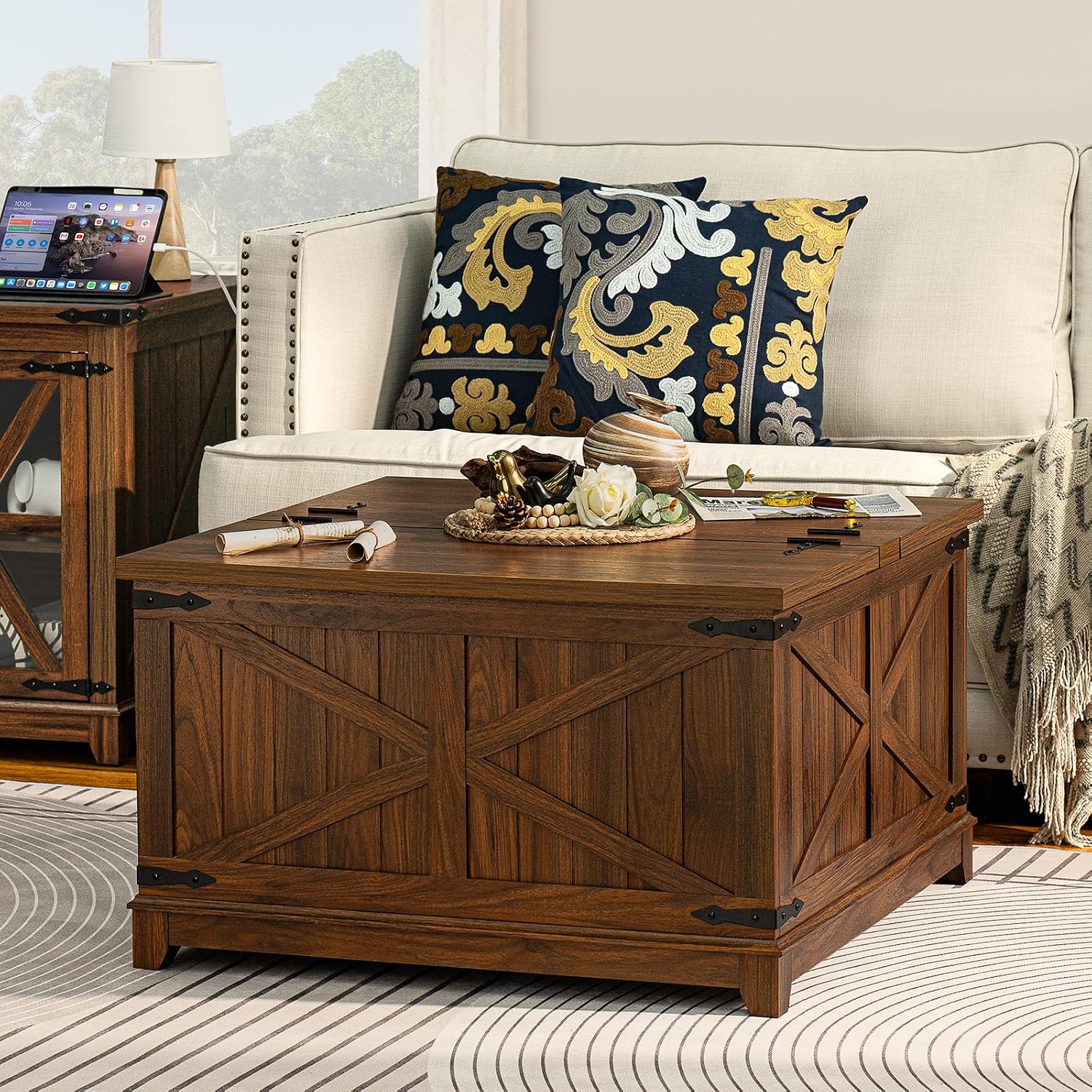 Joaxswe Farmhouse Coffee Table Set of 3, Furniture Set, Coffee Table with Hidden Storage Organizer and Nightsand 3-Piece Set, Large Country Natural Center Table Set for Living Room,Office, Home