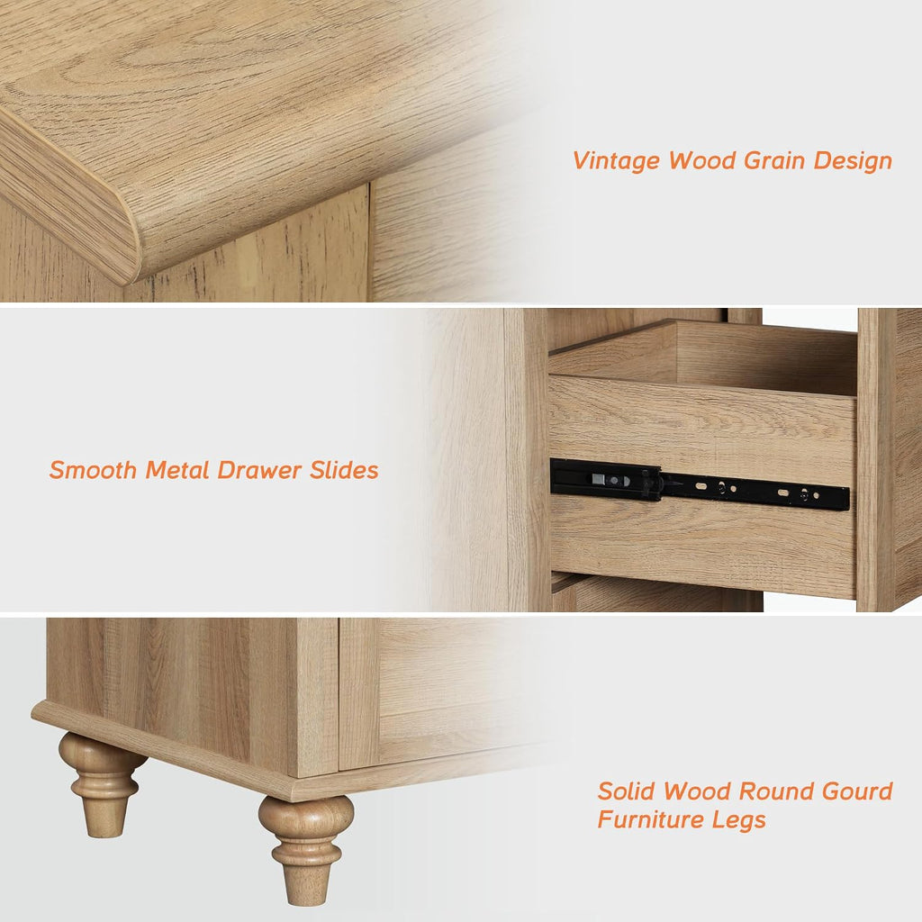 WAMPAT 3 Pieces Living Room Table Set, One Farmhouse Coffee Table with Storage Cabinet & Drawer, Set of 2 Rattan End Tables Nightstands with Charging Station, Oak