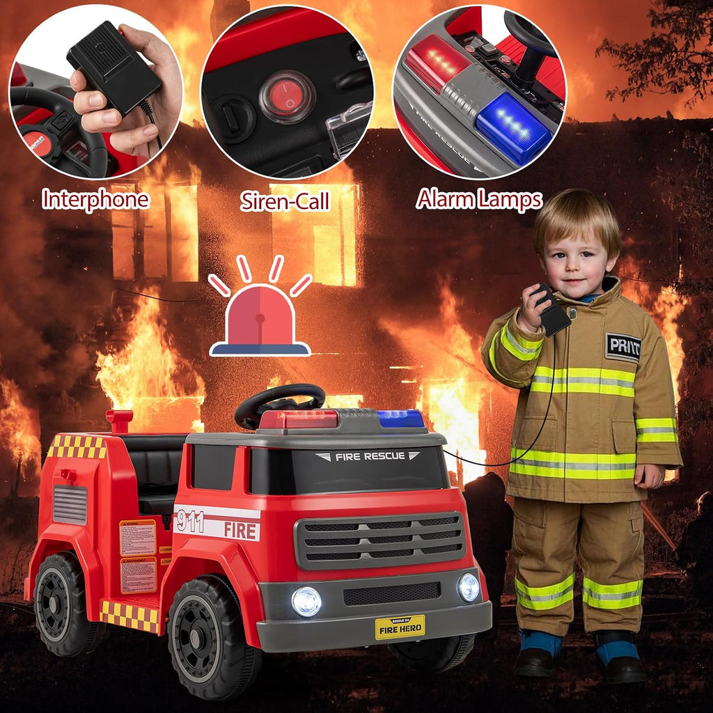 HONEY JOY Ride On Fire Truck, 12V Battery Powered Electric Car for Kids, Water Tank, Loudspeaker, Shovel, Music, Siren & Light, Firetruck Ride On Toy, Ride On Car w/Remote Control (Fire Truck)
