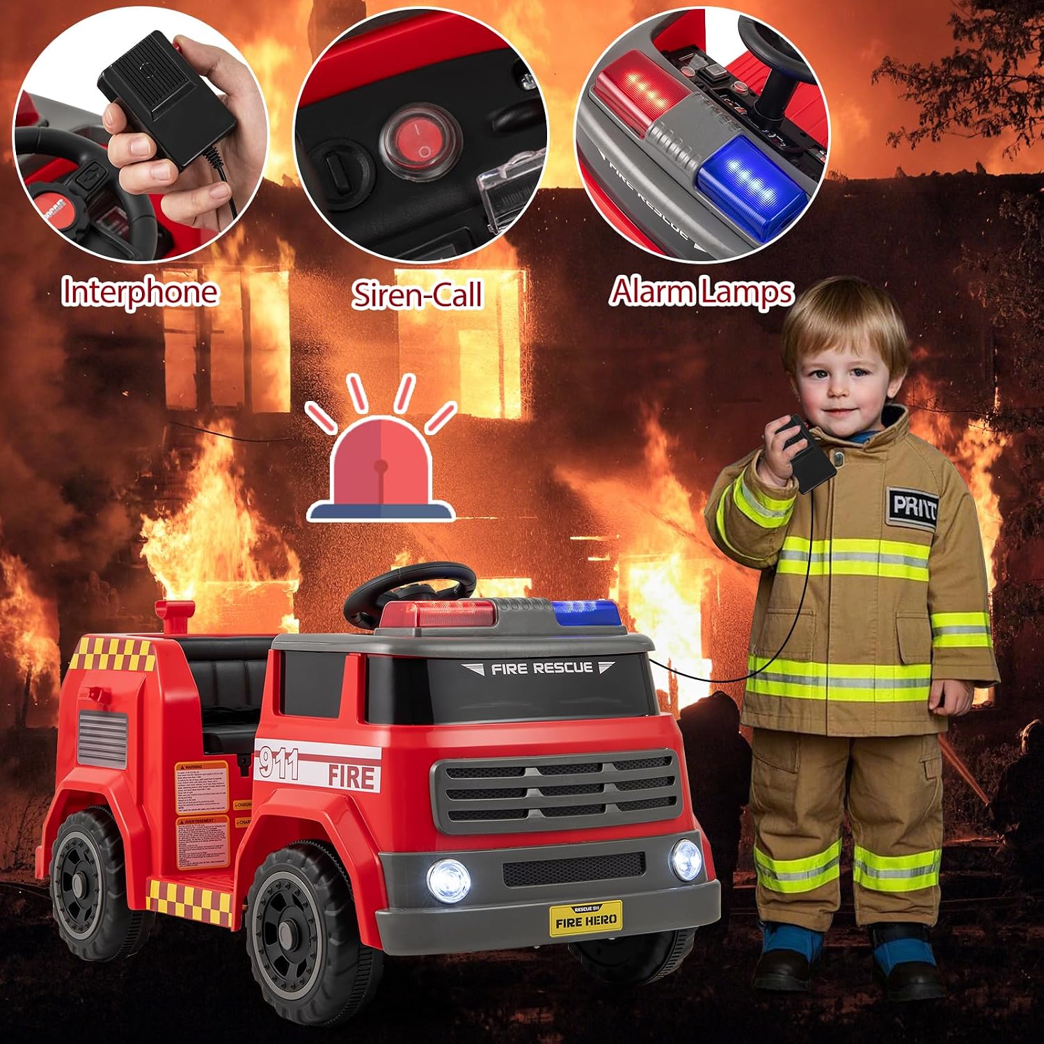 HONEY JOY Ride On Fire Truck, 12V Battery Powered Electric Car for Kids, Water Tank, Loudspeaker, Shovel, Music, Siren & Light, Firetruck Ride On Toy, Ride On Car w/Remote Control (Fire Truck)