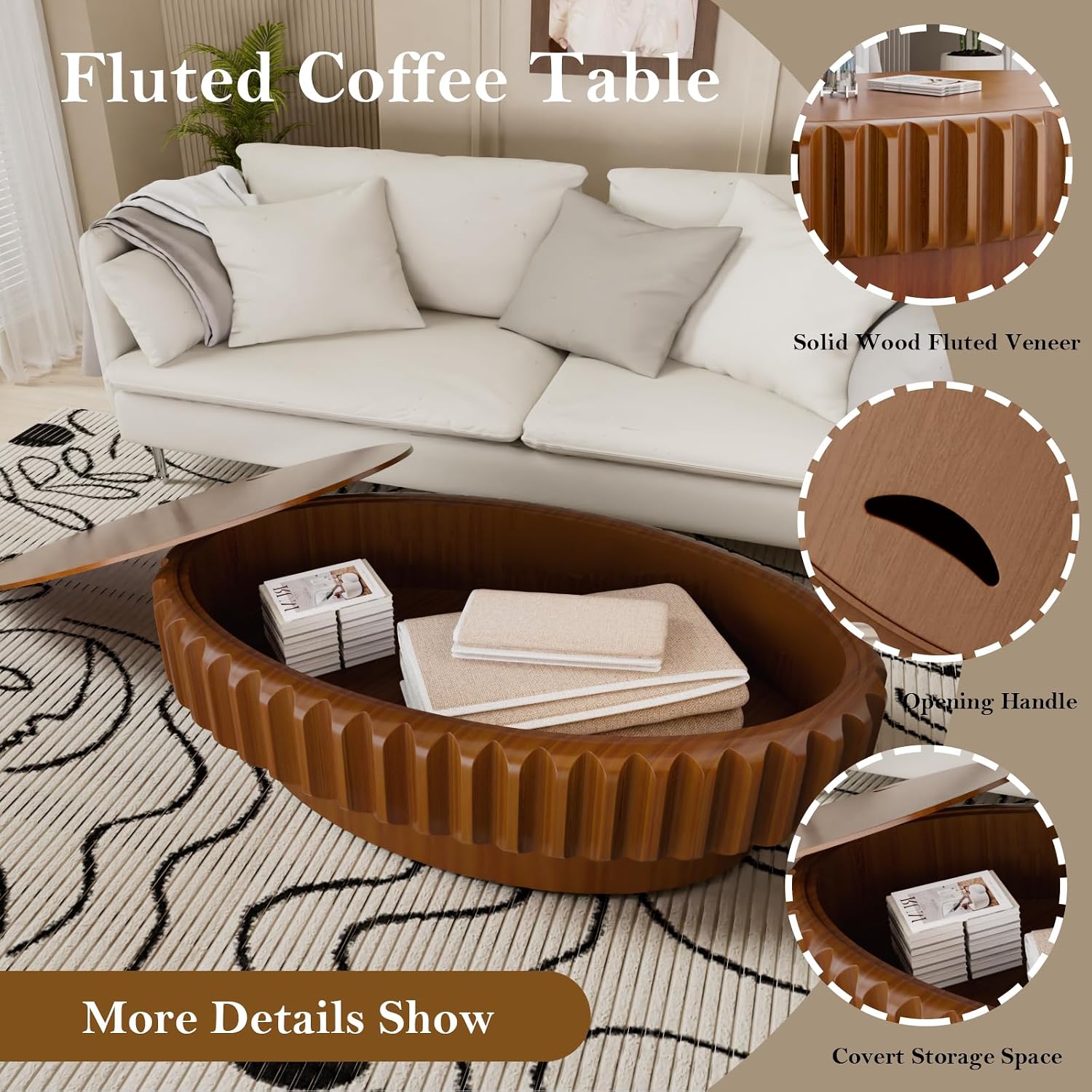 Chic Drum Coffee Table with Storage 43.3' Rustic Oval Center Table - Solid Wood Fluted Veneer Easy Assemble for Living Room Apartment (D 43.3in)