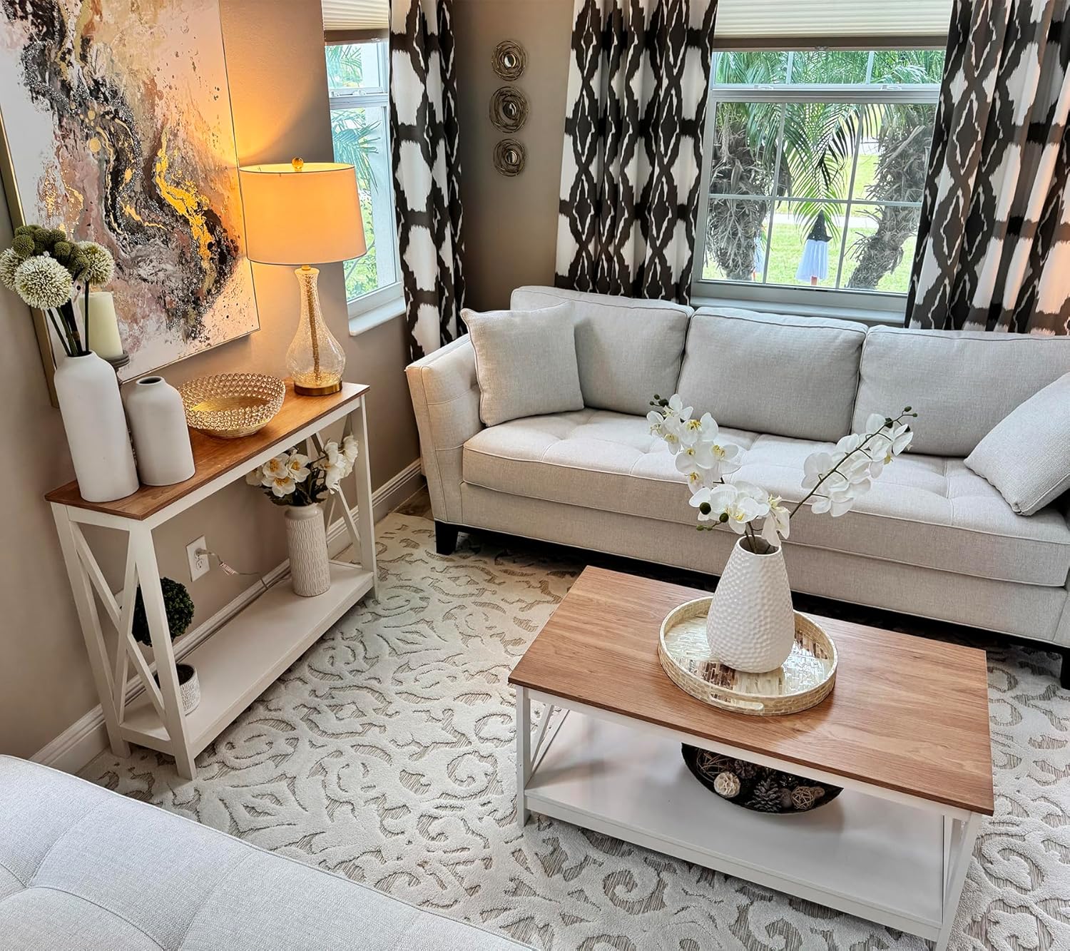 MAISON ARTS Farmhouse Coffee Table 39'', 2-Tier Coffee Table Set with Storage for Living Room, X-Frame Design Rustic Center Table, Easy Assembly, Ivory White