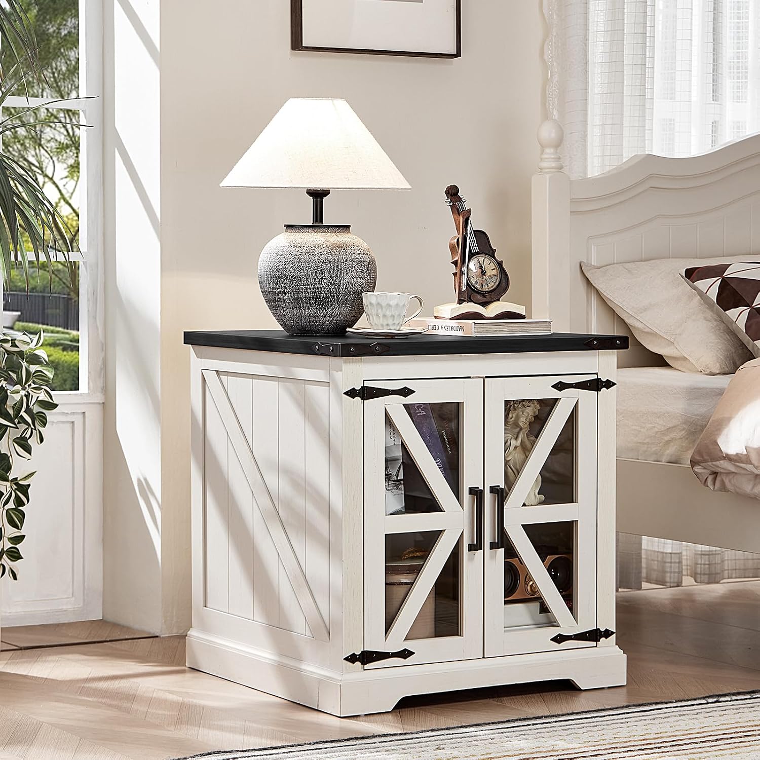 Joaxswe 24' End Table Set of 2 with Charging Station, Farmhouse Night Stand with Glass Barn Door, Nightstands with Adjustable Storage Shelf, Large Wood Square Bed Side Table for Living Room,Bedroom