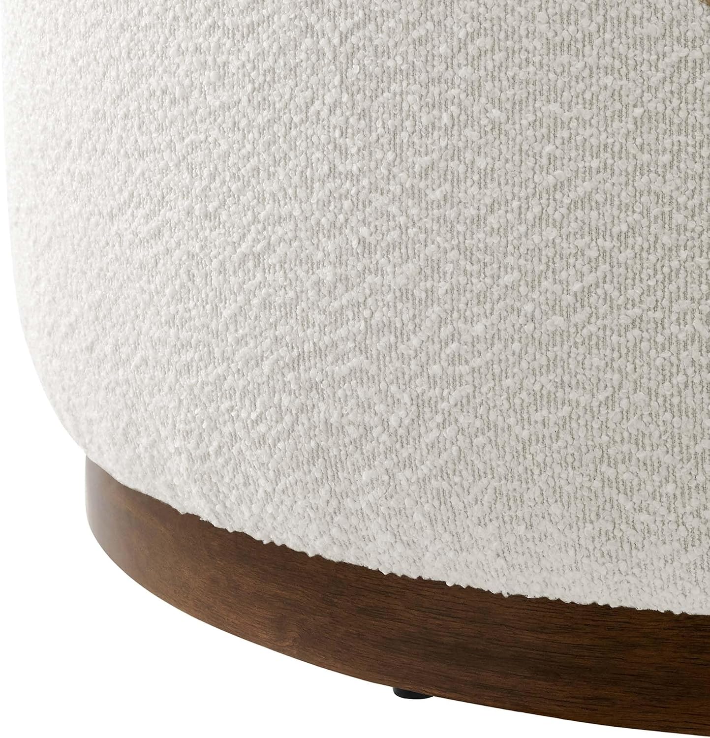 Modway Tilden 29 Inch Round Boucle Upholstered Ottoman in Cloud Walnut - Round Ottoman Coffee Table for Living Room - Large Ottoman Foot Rest with Rubberwood Plinth Base