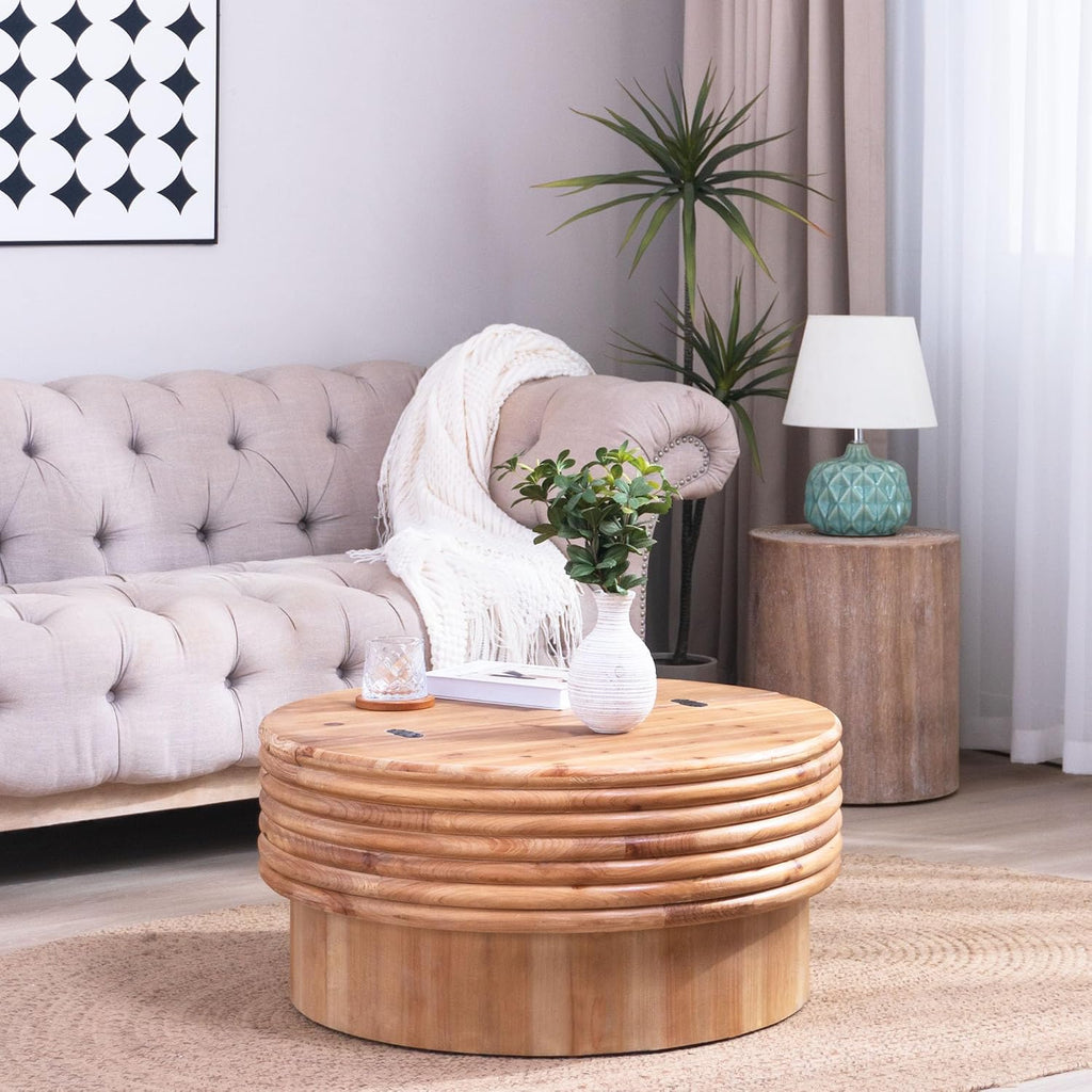 30.3'' Round Circle Coffee Table with Hidden Storage Space for Living Room, Modern Farmhouse Countryside Wood Coffee Table, Easy Assembly, Natural