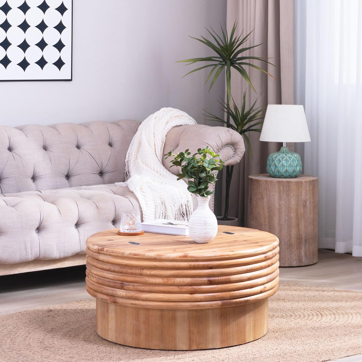30.3'' Round Circle Coffee Table with Hidden Storage Space for Living Room, Modern Farmhouse Countryside Wood Coffee Table, Easy Assembly, Natural
