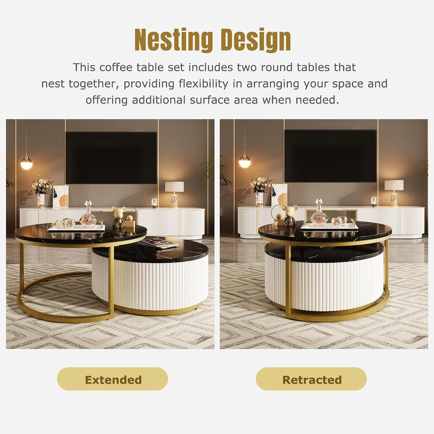 27.6' Lift-Top Nesting Coffee Table Set of 2, Modern Round Coffee Table with Drawer, Circular Wood Center Table Set for Living Room, Apartment, Black & Gold