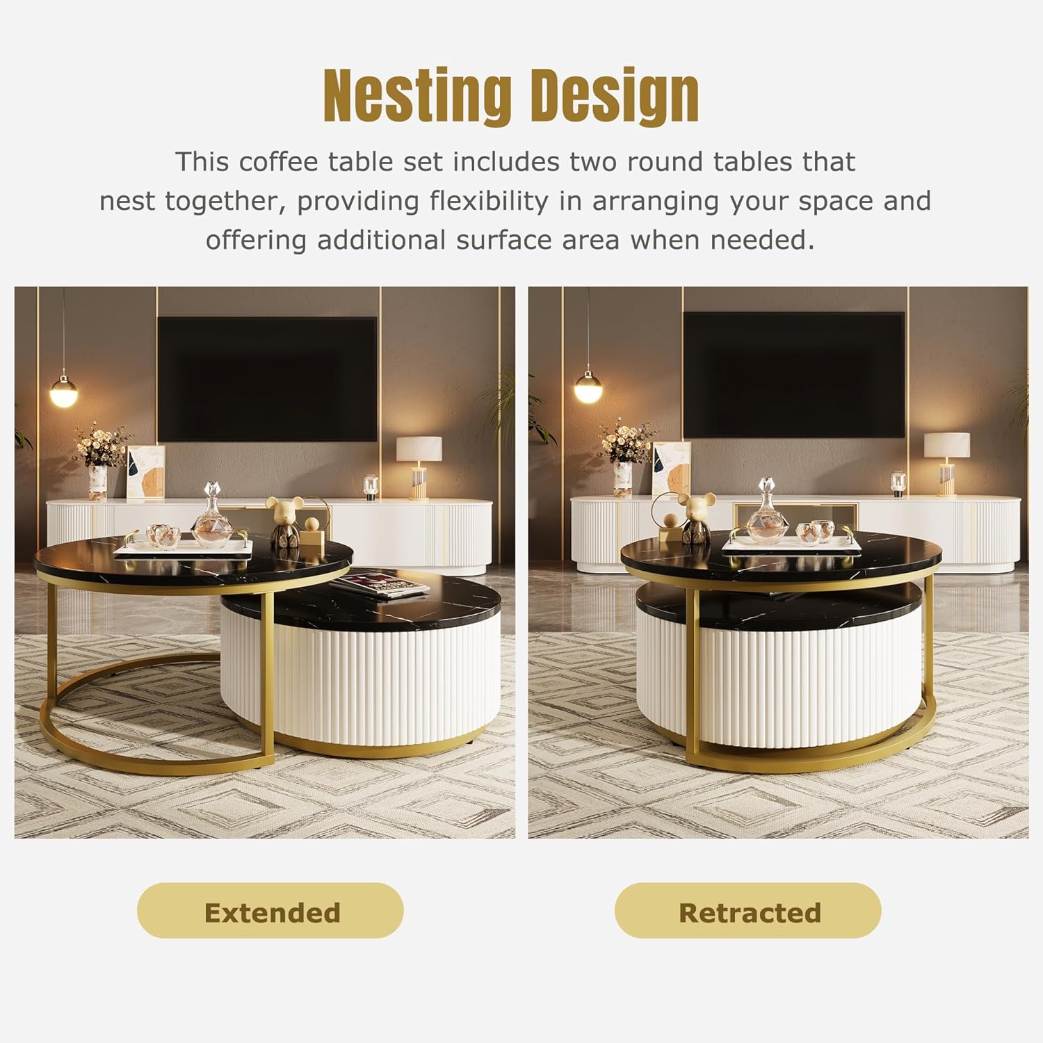 Lift Top Nesting Coffee Table Set of 2, 31.5' Modern Round Coffee Table with Drawer, Circular Wood Center Table Set for Living Room, Apartment, Black & Gold