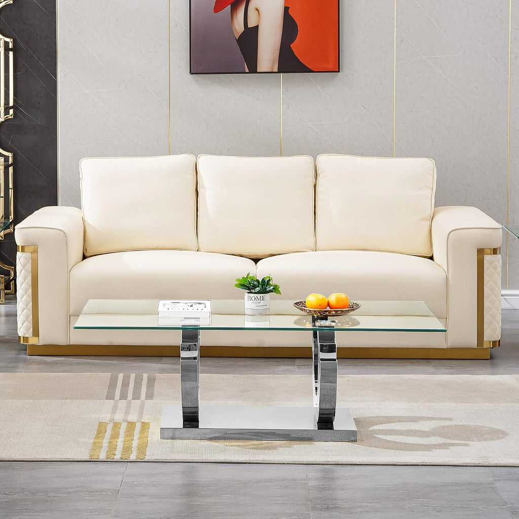 3 Pieces Living Room Table Set, Glass Coffee Table Set of 3, Modern Coffee Table and 2 End Tables with Three U-Shaped Stainless Steel Base for Living Room (Silver)