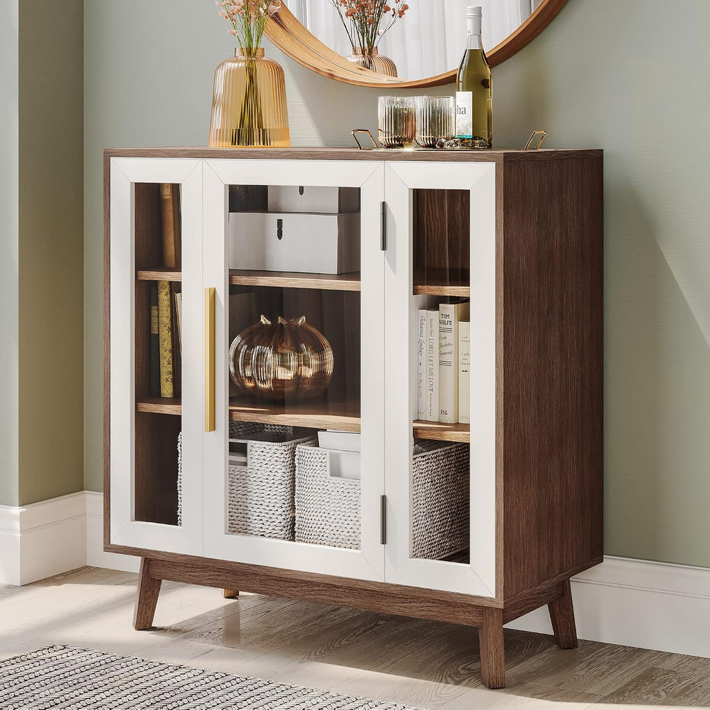 BELLEZE Set of 2 Sideboard 31 Inch Buffet Cabinet with 3-Tiers Shelves and Glass Display Door, Console Table Storage/Pantry Cabinet Coffee Bar for Living Room, Entryway - White