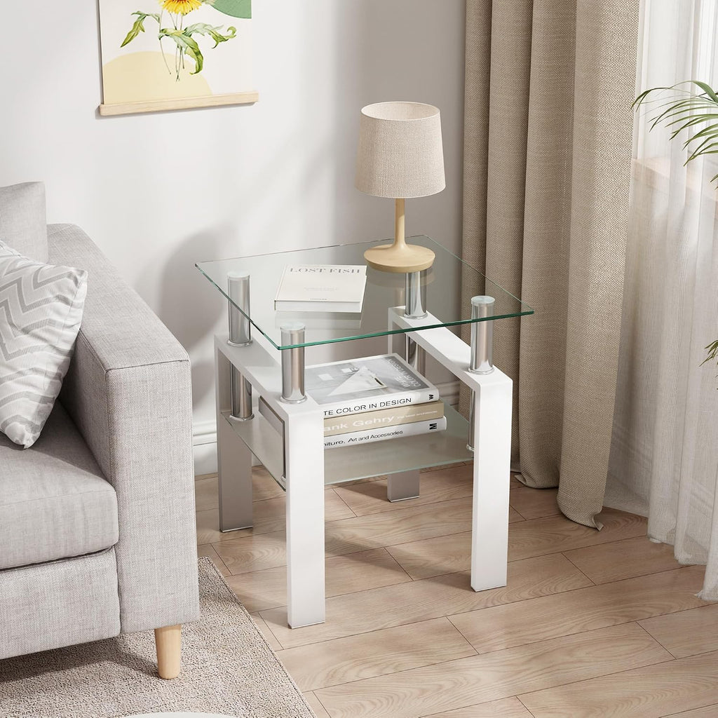 Glass Coffee Table Set of 3, 3-piece Living Room Tables with Tempered Glass and Metal Frame, Coffee and End Table Sets, White