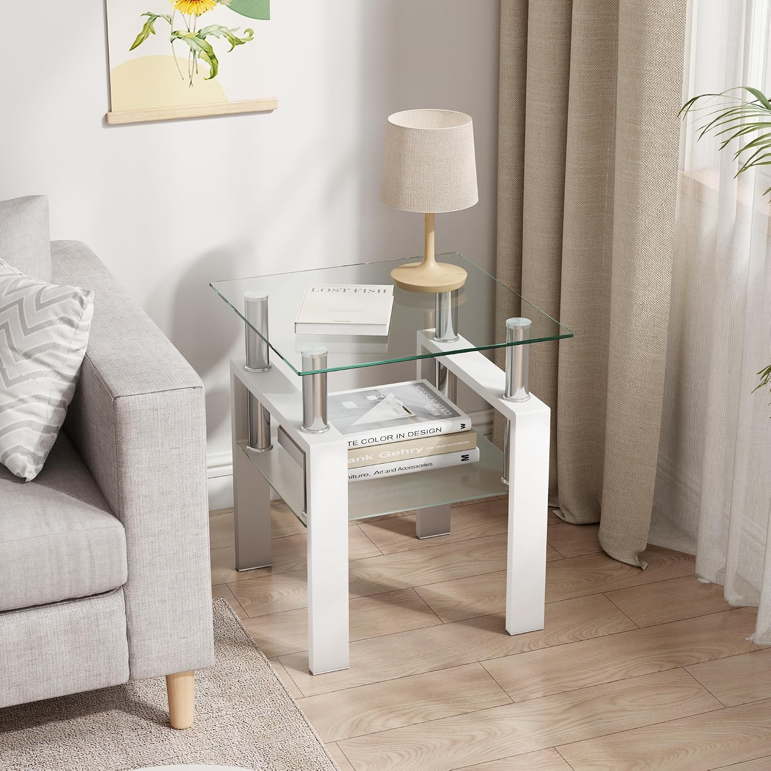 Glass Coffee Table Set of 3, 3-piece Living Room Tables with Tempered Glass and Metal Frame, Coffee and End Table Sets, White
