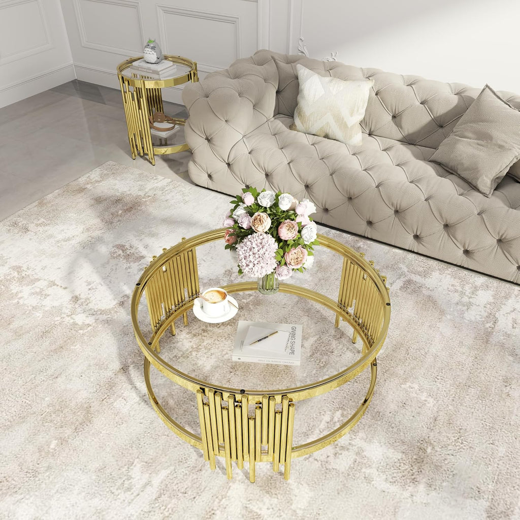 Round Glass Coffee Table Modern Living Room Table, 35.43' Gold Stainless Steel Leg Clear Tempered Glass, Circle Sofa Center Table Furniture for Home Apartment Office, Gold