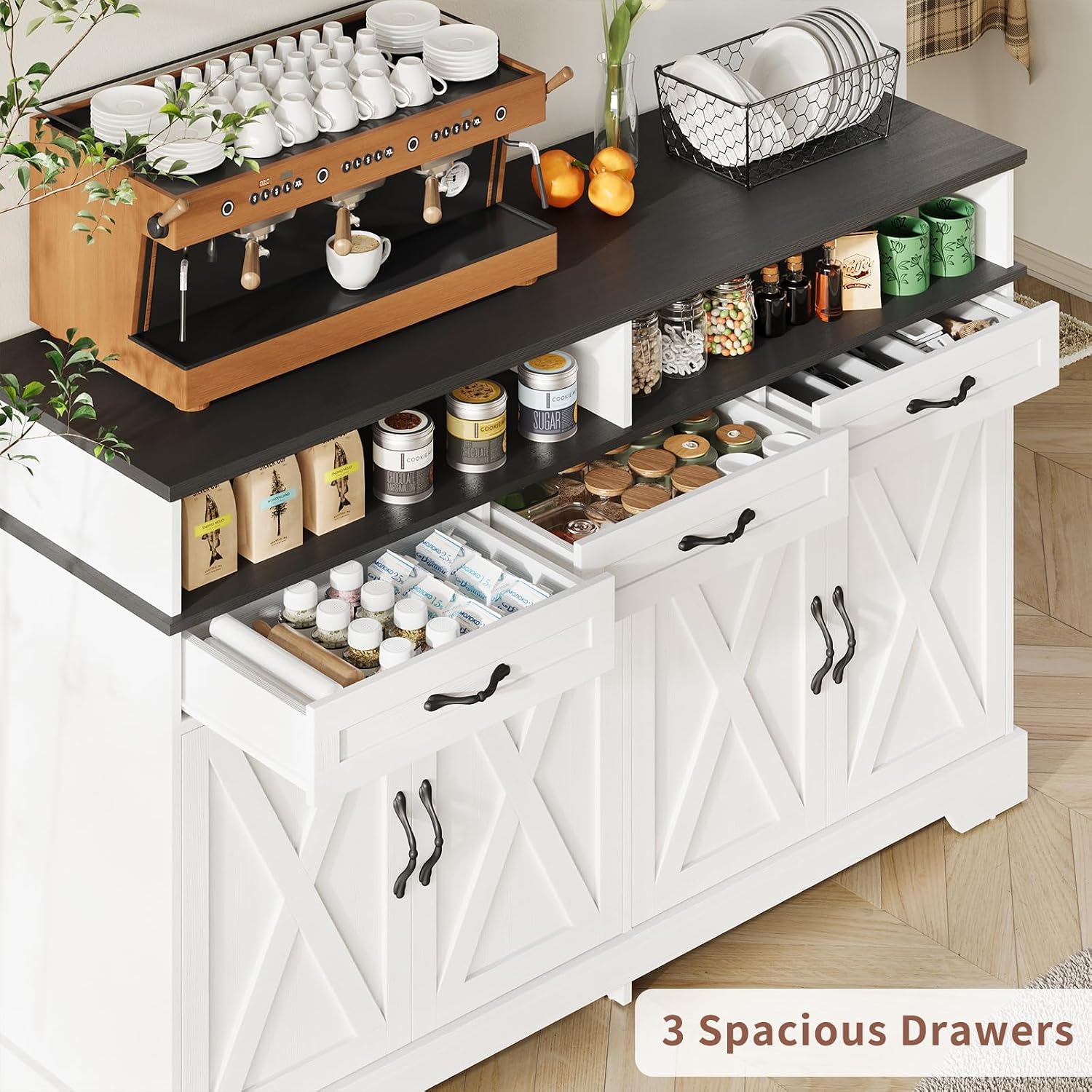 Yanosaku 63'' Buffet Cabinet with Storage, Farmhouse Sideboard Cabinet with Charging Station, Coffee Bar Cabinet, Sideboard Buffet Cabinet for Kitchen, Living Room, Hallway, White