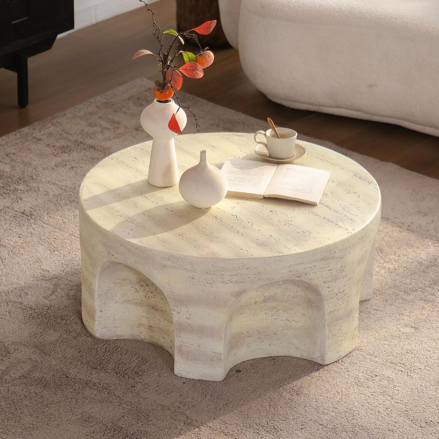 Modern Accent Coffee Table with Unique Arched Cutout Base, Minimalist Round Center Table for Living Room, Bedroom, Home Decor, No Assembly Required, Amber
