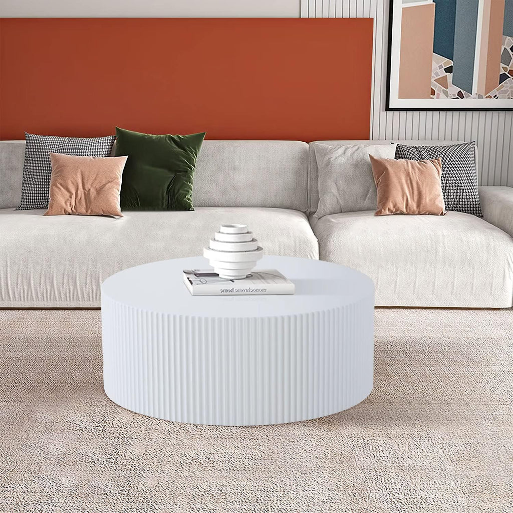 White Round Coffee Table, Modern Nesting Coffee Table End Table Set for Living Room, Wood Circle Drum Side Table, Matte White