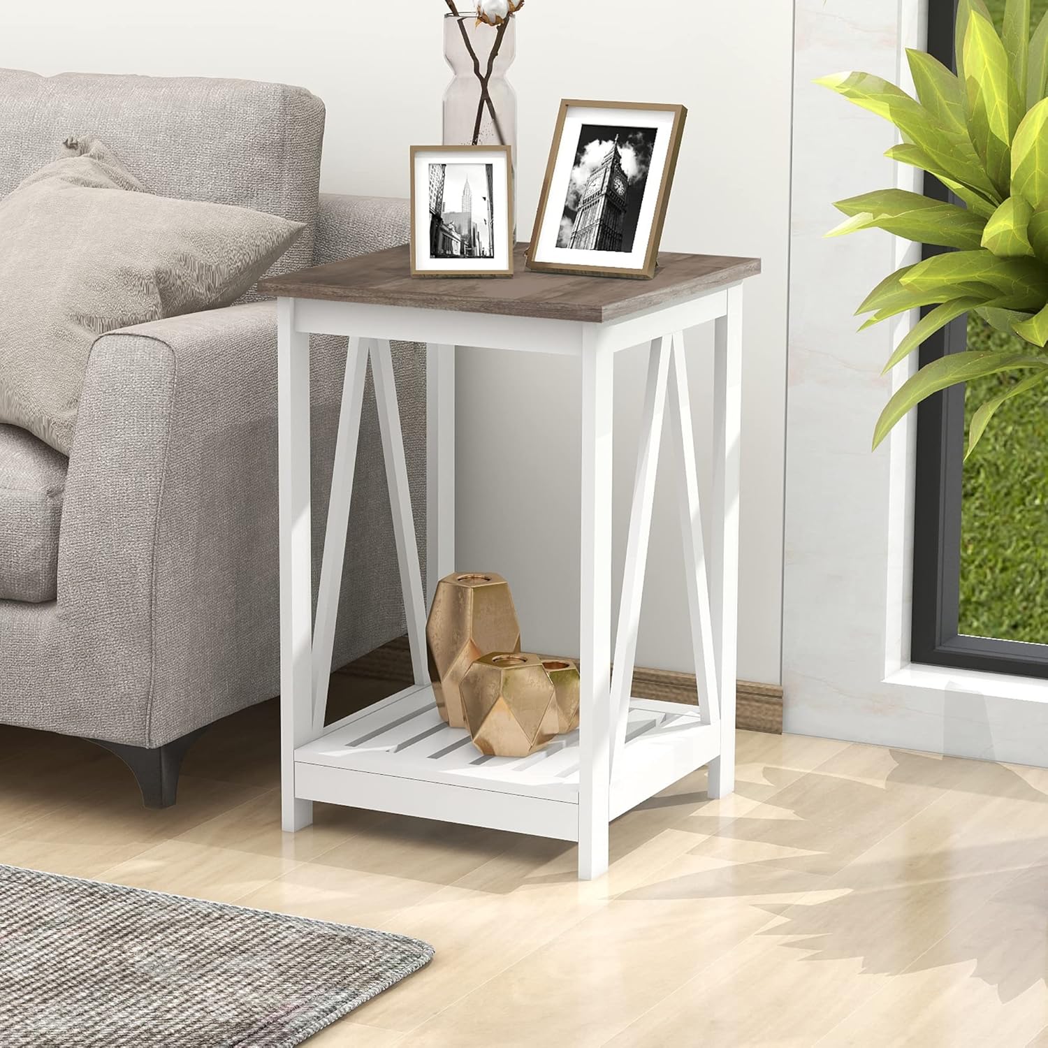 Farmhouse Coffee Table and End Table Set, Oak Grey Wooden Living Room Furniture with Slats Base, Oak Grey