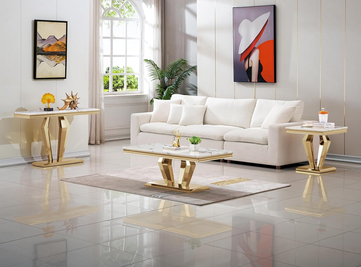 Henf 3 Piece Living Room Table Set, Faux Marble Coffee Table & Console Table & End Table, Luxury White Gold Coffee Table Set of 3 with Mirrored Stainless Steel Base for Living Room Apartment