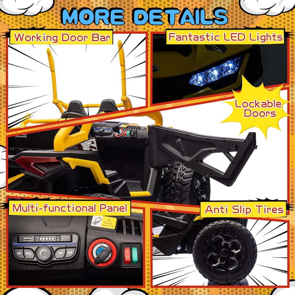 wanan XL 24V 10AH Ride on Toys for Big Kids Real 2-Seater, 4x4 4WD Motor Ride on Car Kid UTV for Kids 3-8, Remote Control, Bluetooth Music, 4 Spring Suspension, 22' Spacious Seats (Yellow)