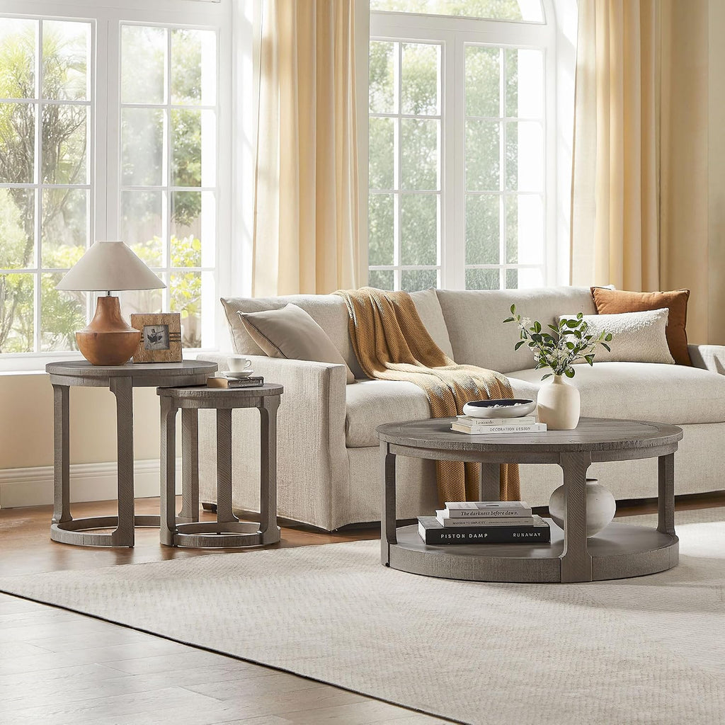 40'' Round Wood Coffee Table Circle Coffee Table with 4 Wheel for Living Room, Moveable Modern Retro Farmhouse Style, Easy Assembly, Light Brown (ø40'' x 17.52'')