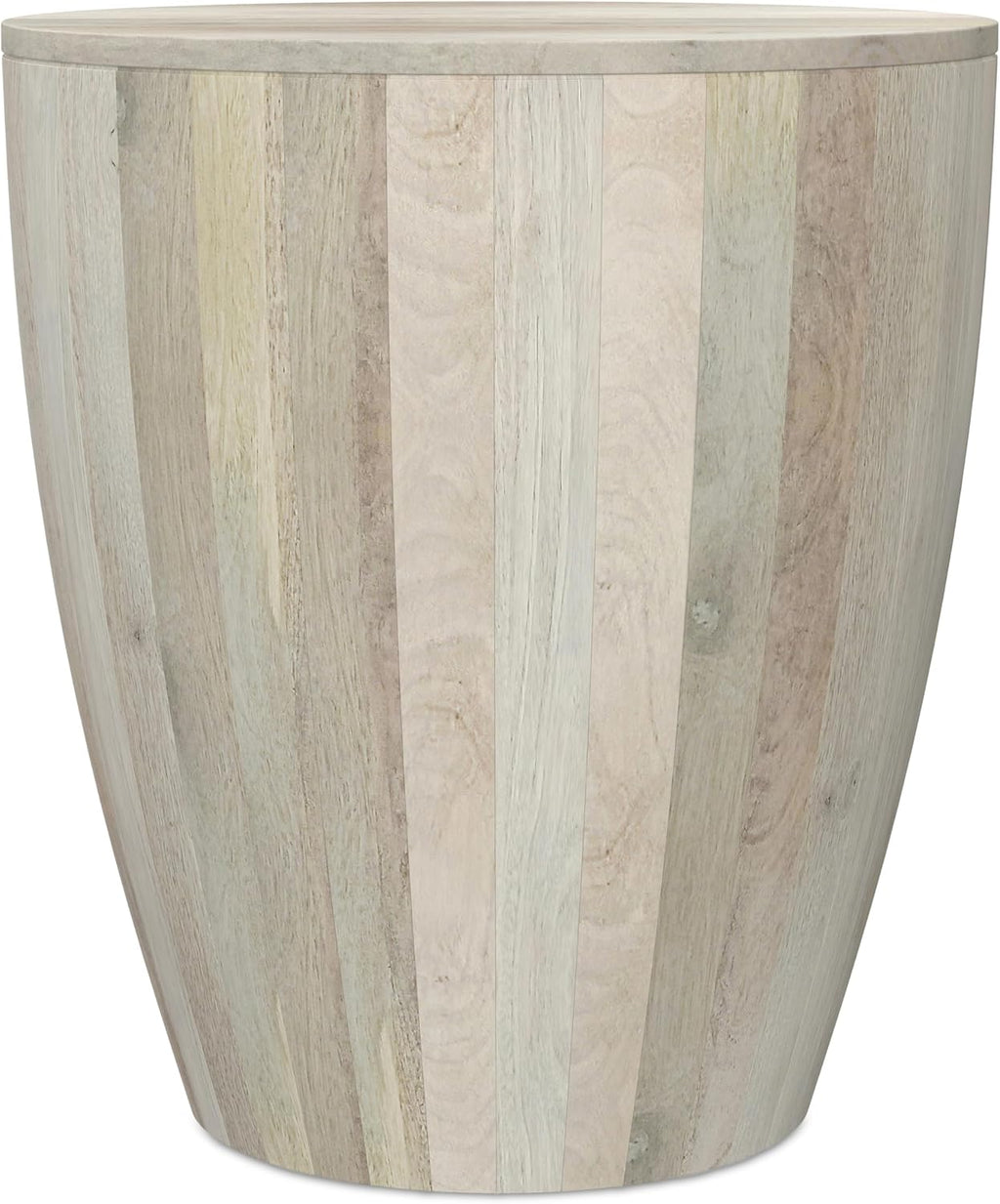 SIMPLIHOME Elmbrook End Table - 21 inch Wide Solid Mango Wood Round Drum Table with Vertical Panel Detailing in White Wash, Modern Nightstand or Plant Stand for Living Room or Bedroom, Assembled