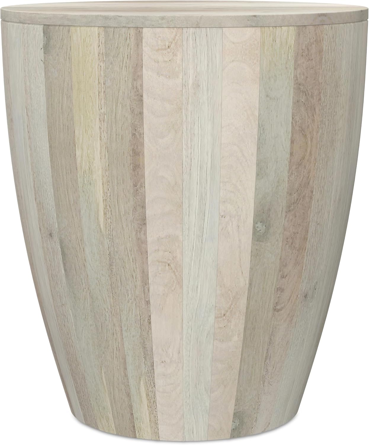 SIMPLIHOME Elmbrook End Table - 21 inch Wide Solid Mango Wood Round Drum Table with Vertical Panel Detailing in White Wash, Modern Nightstand or Plant Stand for Living Room or Bedroom, Assembled