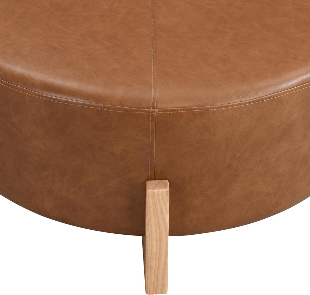 Christopher Knight Home Holmes Modern Faux Leather Upholstered Ottoman Coffee Table, Wooden Round Cocktail Ottoman, Large Living Room Sofa Footstool/Footrest, Brown+Natural