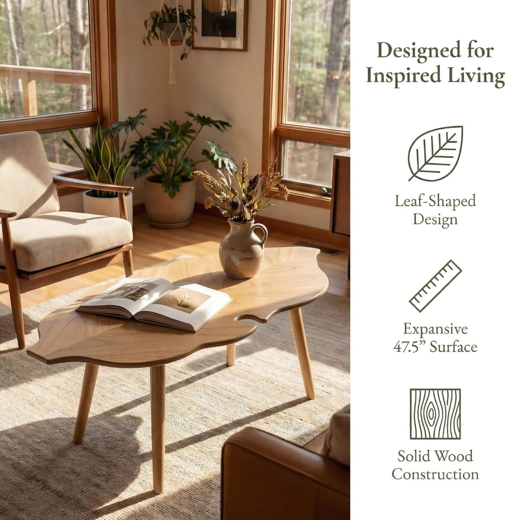 HNY Modern Coffee Table for Living Room, Natural Wood Coffee Table Farmhouse Center Table Vivid Leaf Table End Table with Rustic Grain Side Table with Wood Leg for Bedroom Office Cafe Small Space