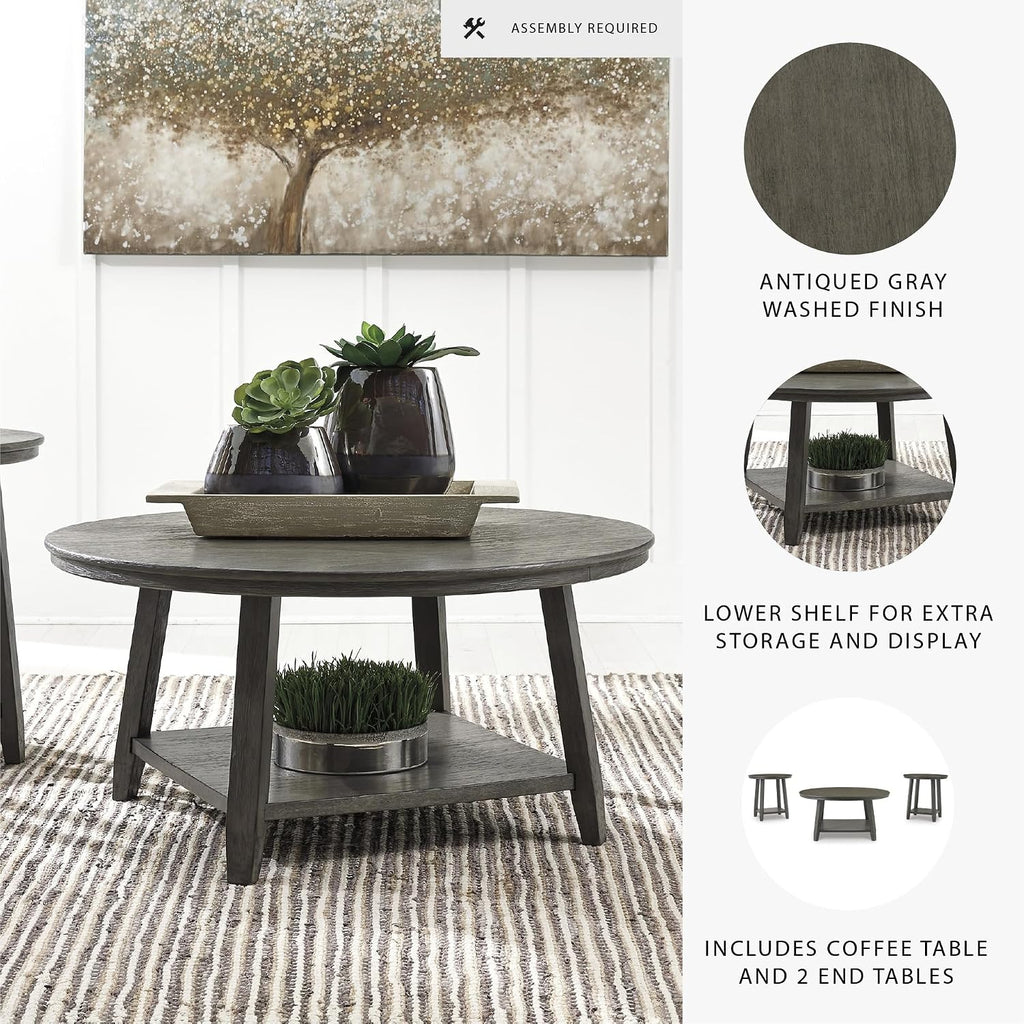 Signature Design by Ashley Caitbrook Neutral 3 Piece Table Set with Coffee & 2 End Tables, Grayish Brown