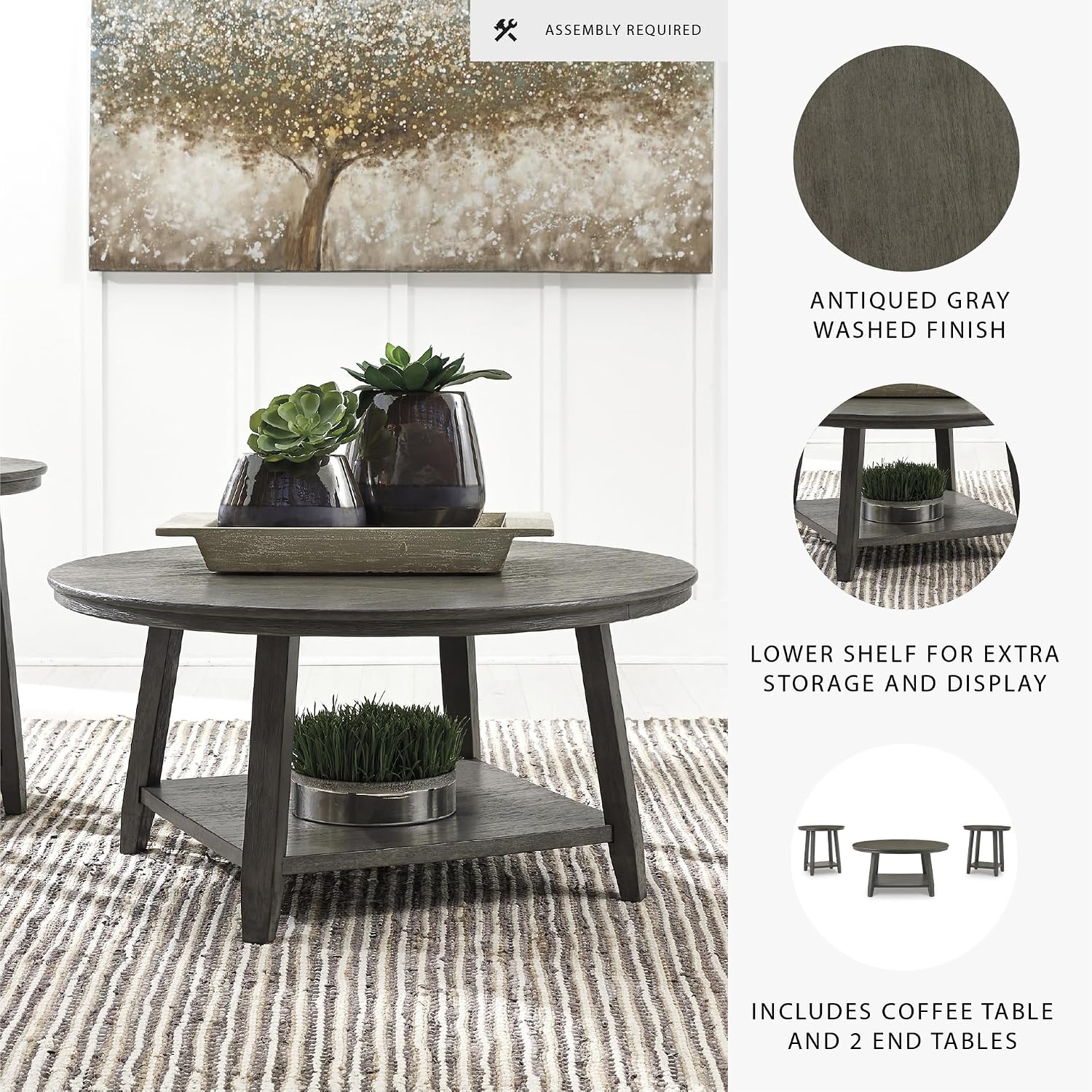 Signature Design by Ashley Caitbrook Neutral 3 Piece Table Set with Coffee & 2 End Tables, Grayish Brown