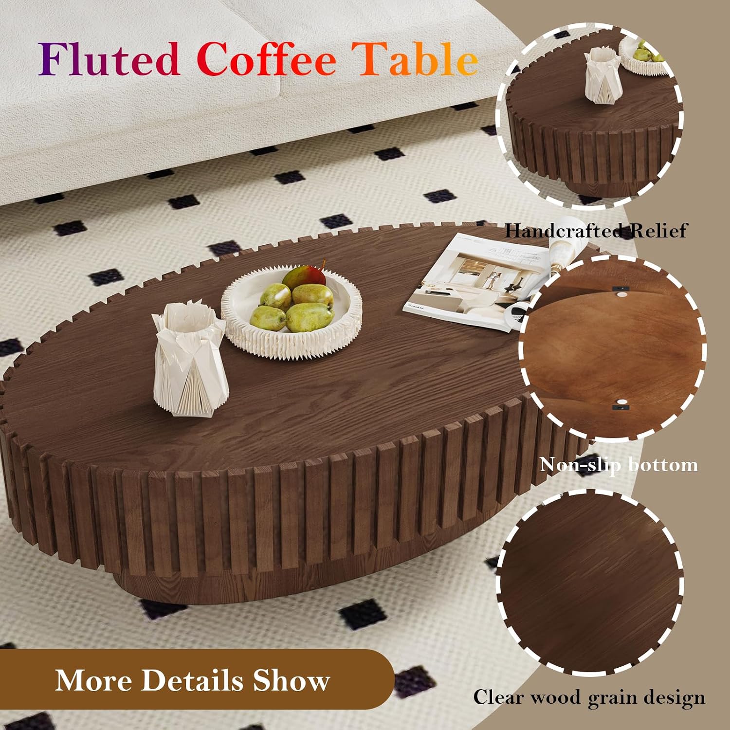 Handcraft Fluted Coffee Table 43.3' Oval Drum Center Tables with Sturdy Pedestal Easy to Assembly for Living Room Apartment Farmhouse (Oval Walnut 43.3in)