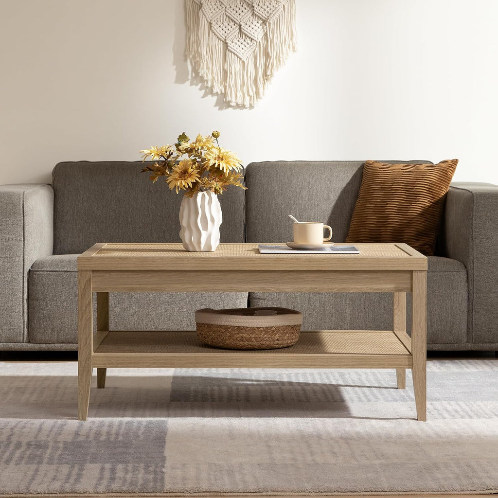 SICOTAS Rattan Coffee Table Set, 3-Piece Farmhouse End Table Set with Rectangle Center Coffee Table & 2 Accent Sofa Side Tables for Living Room, Light Oak