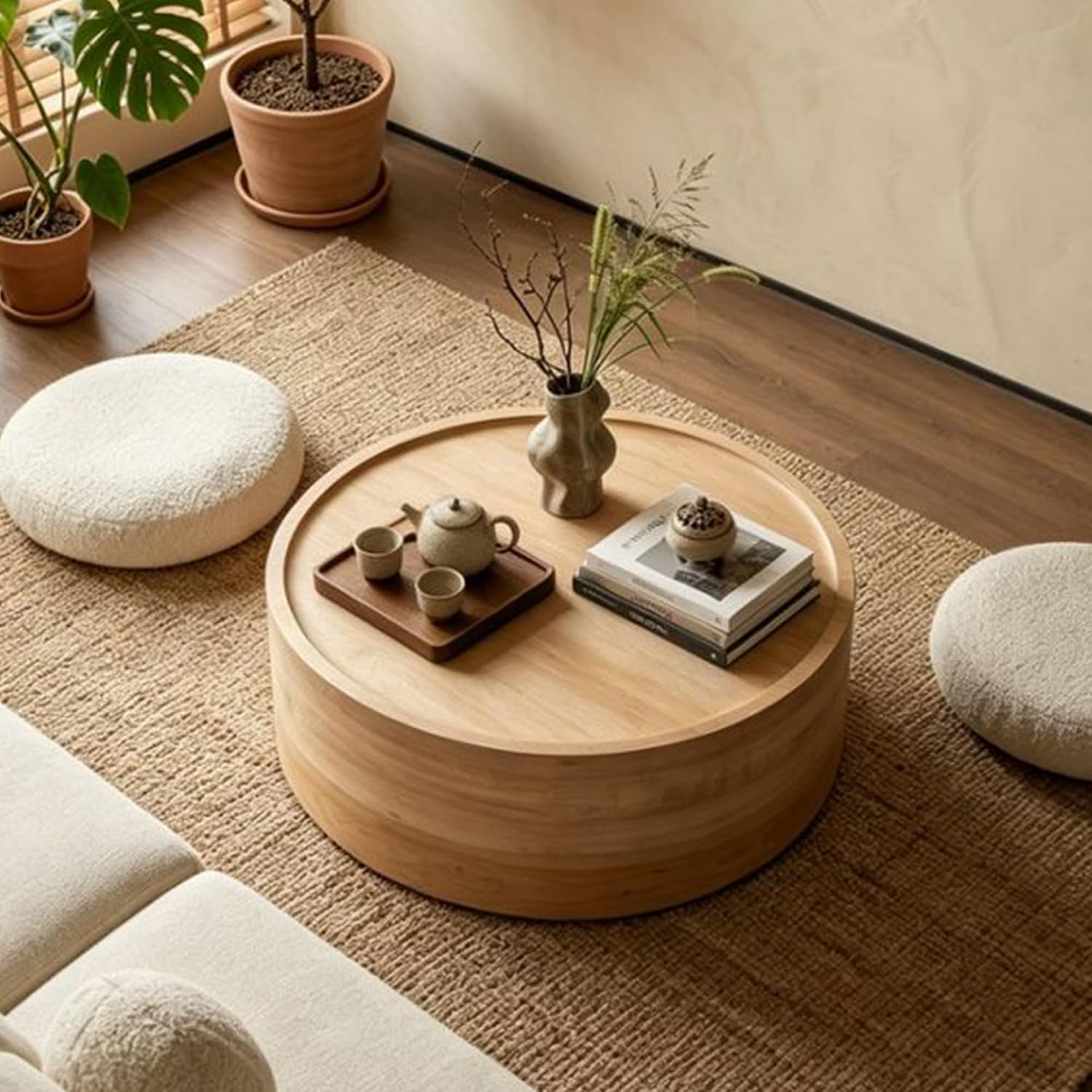 Modern Drum Coffee Table Natural Wood Color Coffee Tables Round Center Table for Living Room Home Office,31.5'- Fully Assembled