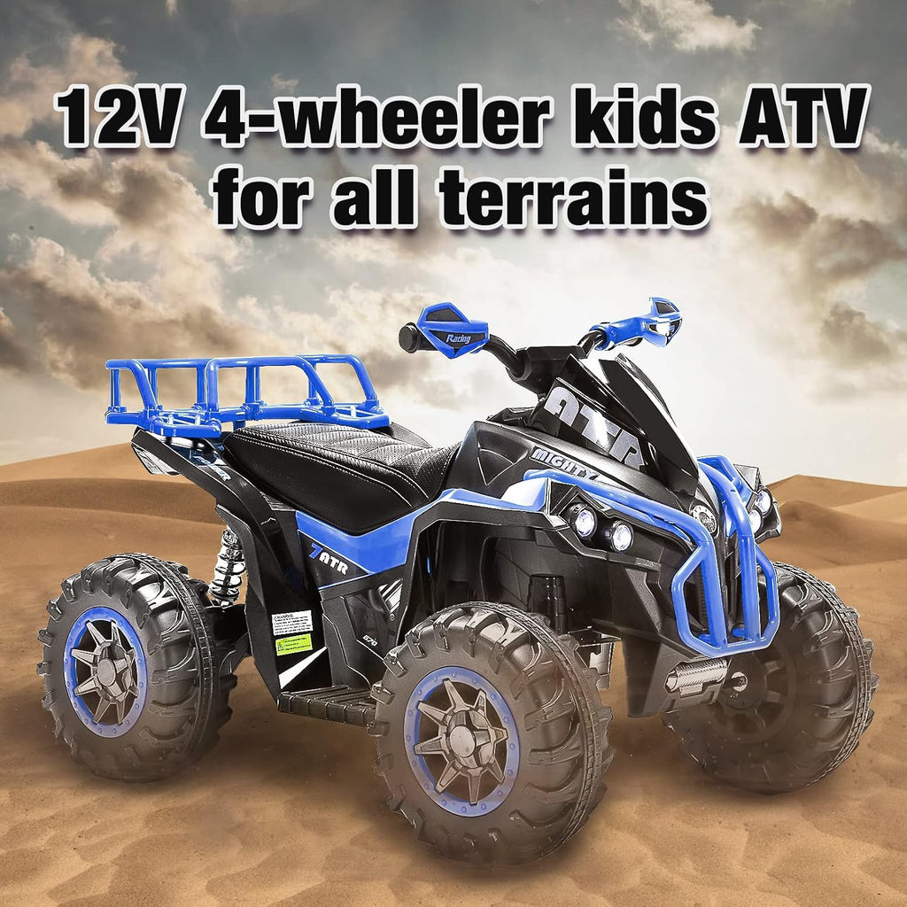 Soar Four Wheeler for Kids – Electric Toddler ATV 4 Wheeler for Ages 3–6, 12V Ride On Quad with LED Lights, Music, High/Low Speed, USB/TF, Treaded Tires, Blue