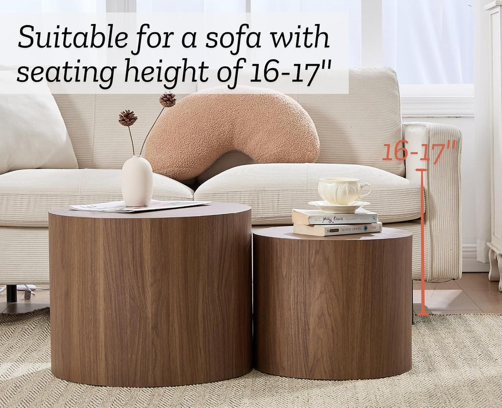 EALSON Nesting Coffee Tables Set of 2 Farmhouse Small Round End Tables Modern Wood Circle Side Table Drum Table for Living Room Small Spaces Bedroom Balcony, No Assembly, Walnut