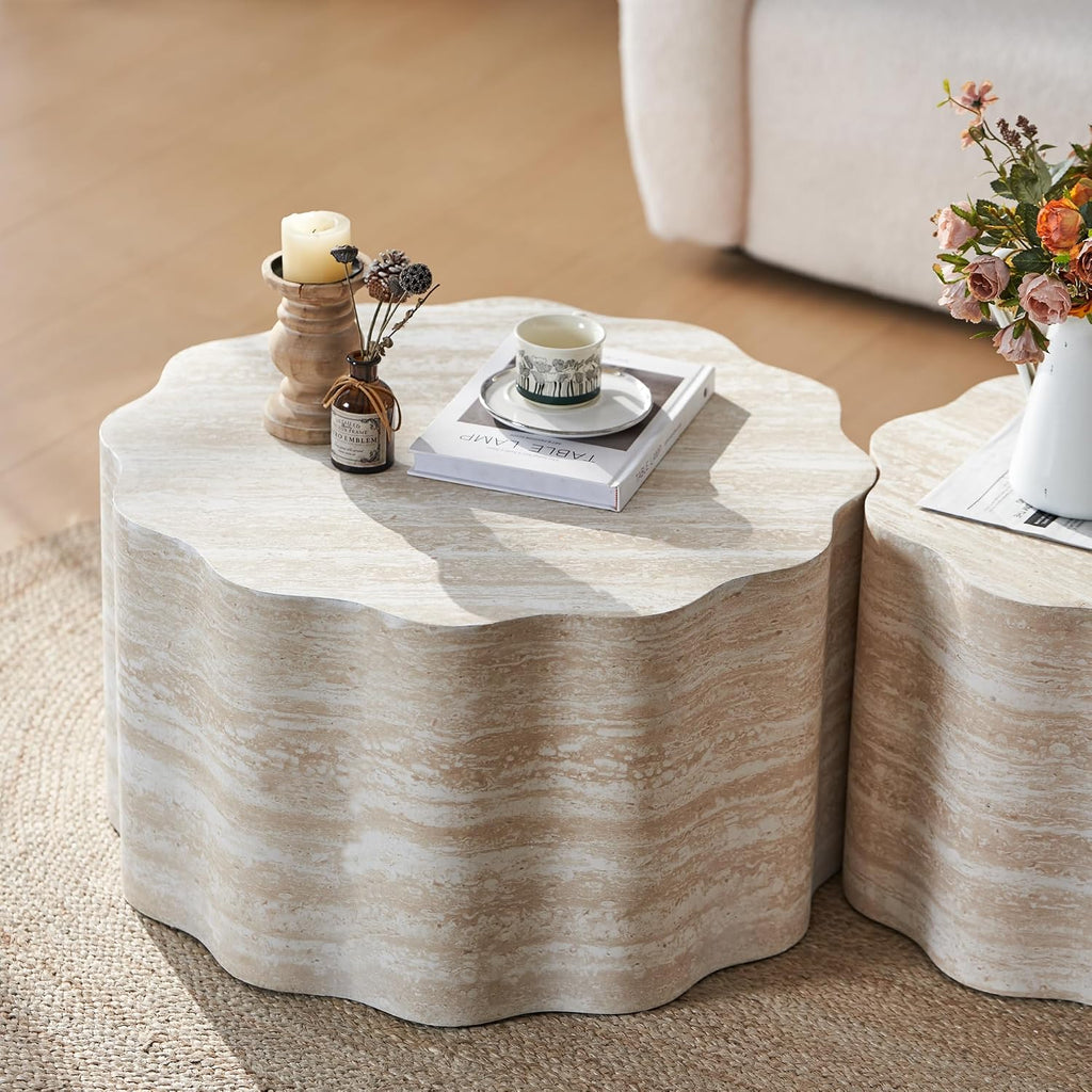 23.6''+26.7'' Set of 2 Faux Mars Pattern Round Coffee Tables, Modern Mini Side Tables Accent End Table for Apartment, Office, Living Room, (Beige Brown)