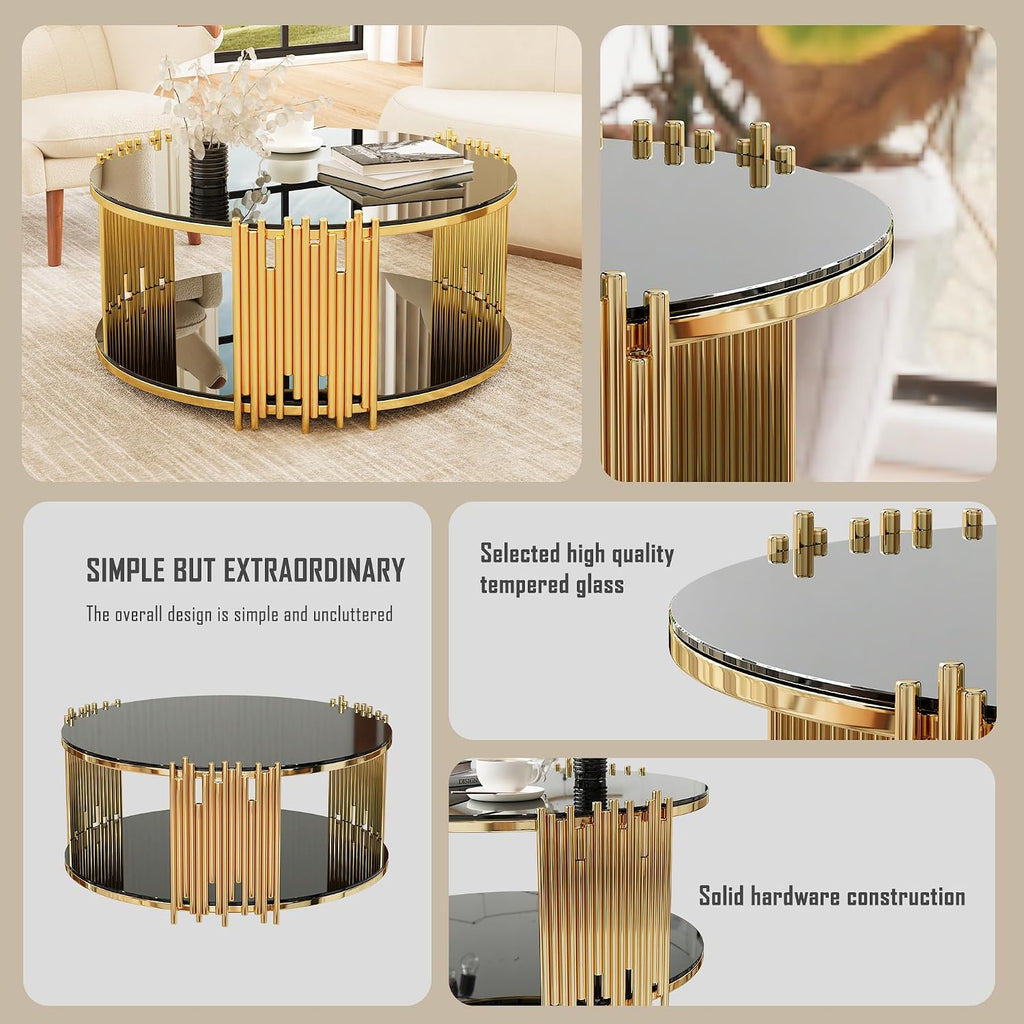 36'' Tempered Glass Round Coffee Table for Living Room, 2-Tier Modern Circle Coffee Table, Black Mirror Tabletop & Metal Drum Base, Easy Assembly, Black & Gold